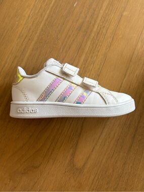 Adidas Kids White Sneakers with Iridescent Stripes